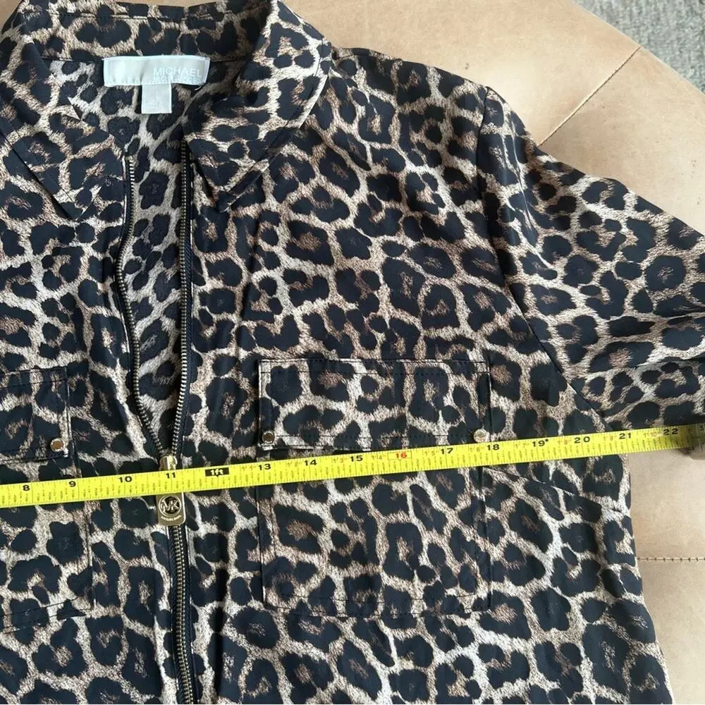 Michael Kors Leopard Animal Print Top Womens L Zip Up Blouse Lightweight Luxury